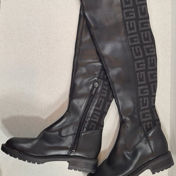 GUESS Logo Black Women’s Stretch Pull On Over Knee Boot Size 5.5 - Picture 1 of 6